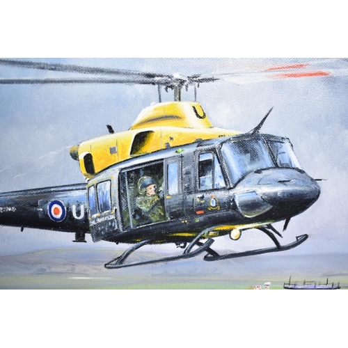 343 - A Framed Oil on Canvas, Bell Helicopter in Flight Over Base, Signed Charles McHugh, Subject 55x39cm