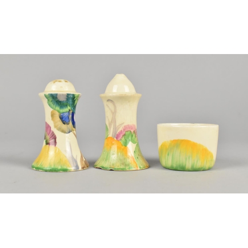 424 - An Art Deco Clarice Cliff Bizarre Three Piece Muffineer Cruet (Various Condition Issues)