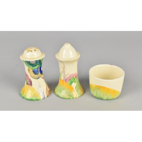 424 - An Art Deco Clarice Cliff Bizarre Three Piece Muffineer Cruet (Various Condition Issues)