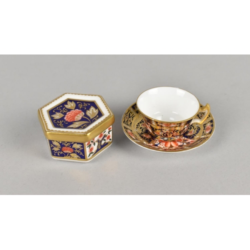 428 - A Miniature Royal Crown Derby Cup and Saucer Together with a Hexagonal Box