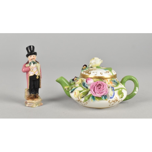 430 - A Porcelain Miniature Encrusted Teapot Together with a Porcelain Miniature Study of a Man in Top Hat... 