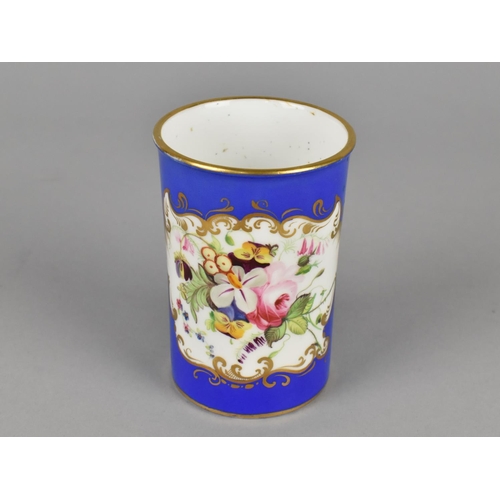 432 - A 19th Century Porcelain Beaker or Spill Vase with Hand Painted Floral Cartouche on Blue Ground with... 