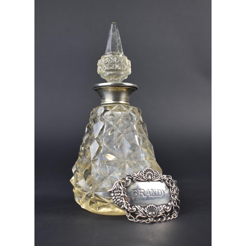 444 - A Silver and Enamel Mounted Cut Glass Scent Bottle and Stopper, 16cm high Together with a Silver Dec... 