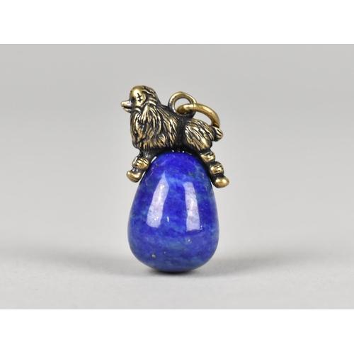 489 - A Novelty Pendant, Gilt Metal Poodle on Egg Shaped Lapis Lazuli Polished Stone Egg, Bale Stamped but... 