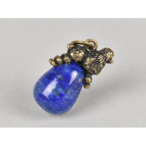 489 - A Novelty Pendant, Gilt Metal Poodle on Egg Shaped Lapis Lazuli Polished Stone Egg, Bale Stamped but... 