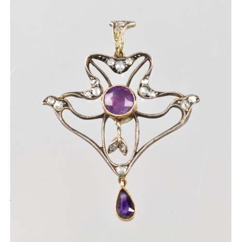 499 - An Art Nouveau Amethyst and Diamond Mounted Pendant, Central Milgrain Bezel Set Round Cut Amethyst M... 