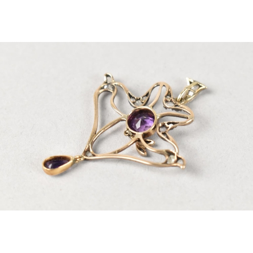 499 - An Art Nouveau Amethyst and Diamond Mounted Pendant, Central Milgrain Bezel Set Round Cut Amethyst M... 