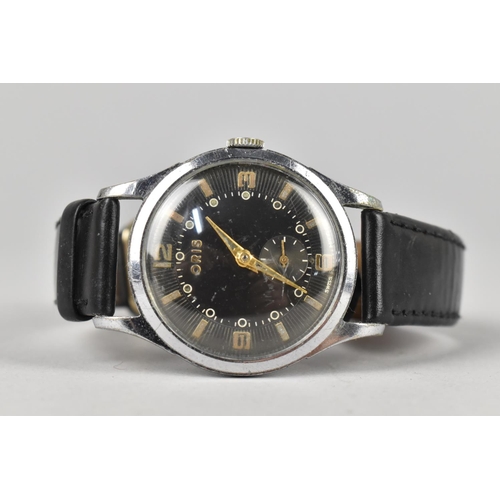 507 - A Vintage Oris Black Face Wristwatch, Gold Coloured Hands, Bronze Arabic Numerals at Compass Points ... 