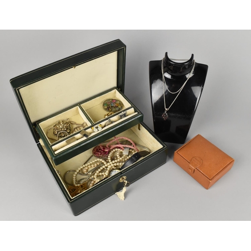 509 - A Green Leather Mounted Jewellery Box Containing Various Jewellery to include Garnet Pendant on Silv... 