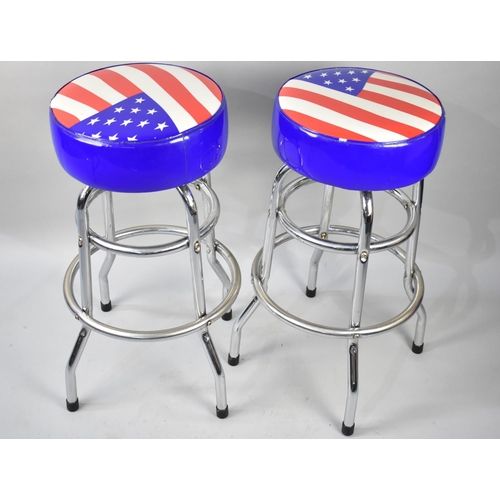 523 - A Pair of Bar Stools with American Flag Decorated Seats