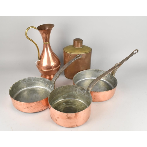 530 - A Collection of Copperware to Comprise Graduated Set of Three Heavy Copper Pans with Iron Handles, C... 