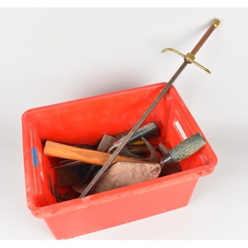 536 - A Plastic Box Containing Various Tools to Include Hammers etc Together with a Fire Poker