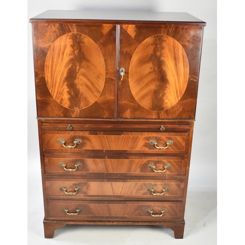 602 - A Mahogany Side Cabinet with Panelled Doors to Shelved Top Section, Brushing Slide Over Four Long Dr... 