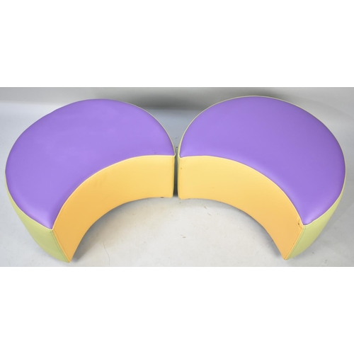 613 - A Pair of Multicoloured Leather Effect Crescent Shaped Stools, 63cms Diameter