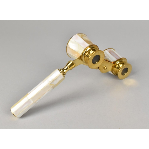 7 - A Pair of Reproduction Brass and Mother of Pearl Opera Glasses with Hinged Handle