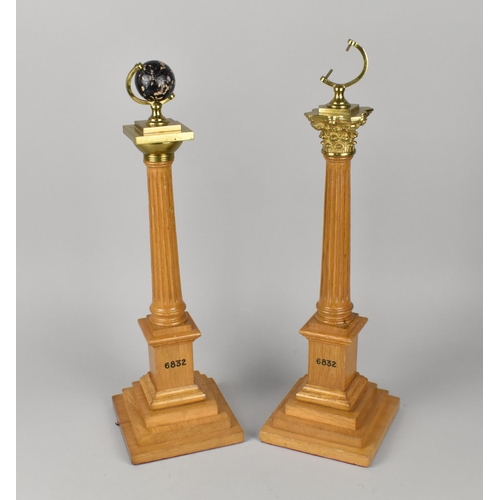 78 - A Pair of Mid 20th Century Masonic Wardens Columns, of Reeded Form with Brass Globe Mounts, One Glob... 