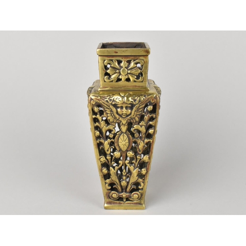 14 - A Late 19th/Early 20th Century French Pierced Brass Vase of Tapering Square Form Decorated with Cher... 