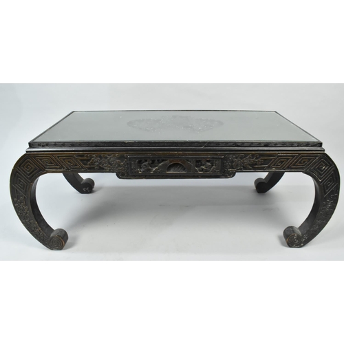 29 - A Chinese Carved Rectangular Opium Type Table with Scrolled Feet, 96cms Wide