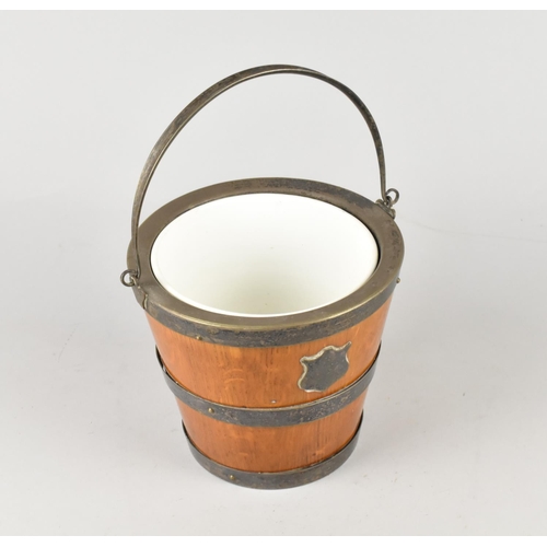 51 - An Early/Mid 20th Century Oak and Silver Plate Banded Ice Bucket with Swing Loop Handle, 14.5cms Hig... 