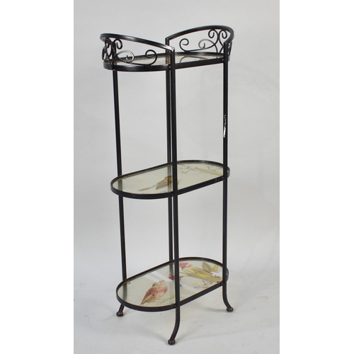 558 - A Metal Three Tier Stand with Glass Shelves Decorated with Birds, 40x86cms High