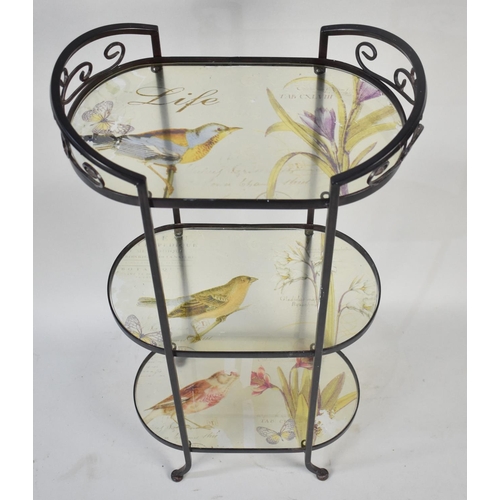 558 - A Metal Three Tier Stand with Glass Shelves Decorated with Birds, 40x86cms High