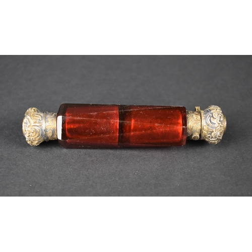 6 - A Victorian Ruby Glass Double Scent Bottle, 12.5cms Wide (Missing Inner Stoppers)