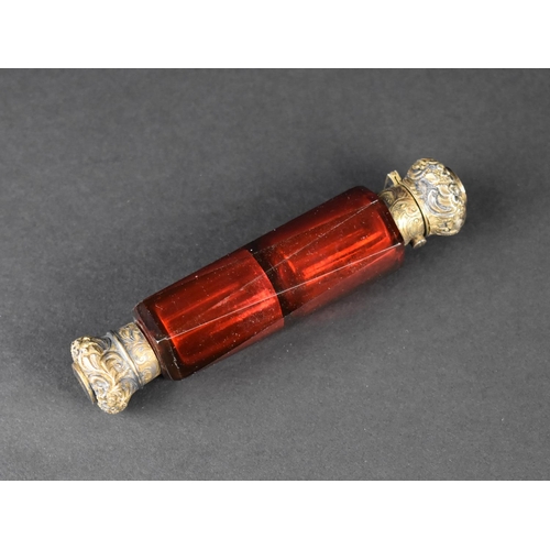 6 - A Victorian Ruby Glass Double Scent Bottle, 12.5cms Wide (Missing Inner Stoppers)