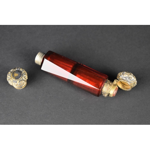 6 - A Victorian Ruby Glass Double Scent Bottle, 12.5cms Wide (Missing Inner Stoppers)