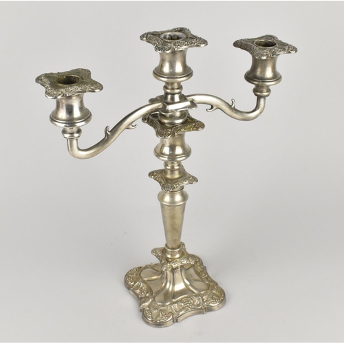 60 - A Silver Plated Three Branch Candelabra, 34cms High