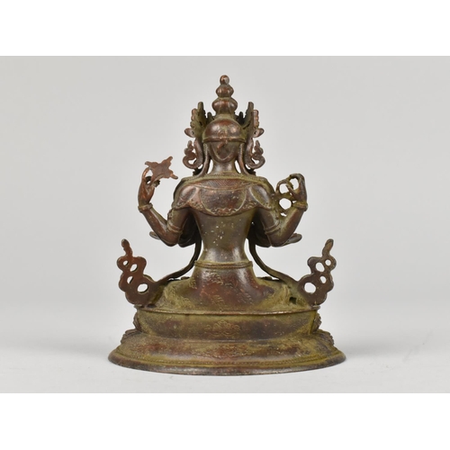 13 - A Small Patinated Bronze Study of Thai Deity Sat Cross Legged on Lotus Throne, 10cms High