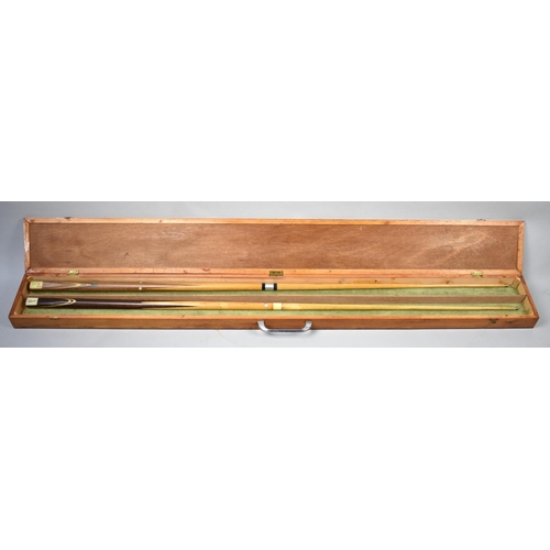 209 - A Wooden Snooker Cue Box Containing Halex and Goldmaster Cues