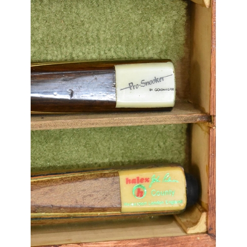 209 - A Wooden Snooker Cue Box Containing Halex and Goldmaster Cues