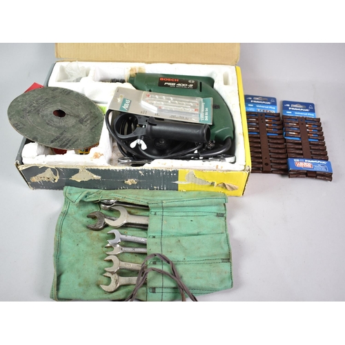 214 - A Bosch Electric Drill with Sundries and Part Set of Open Ended Spanners