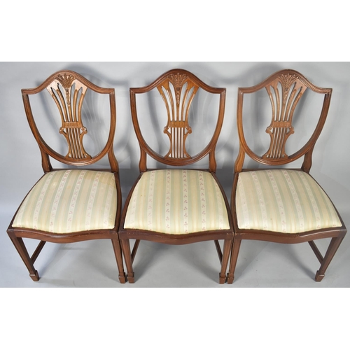 474 - A Set of Six Reproduction Mahogany Framed Shield Back Dining Chairs with Pierced Wheatsheaf Splats t... 