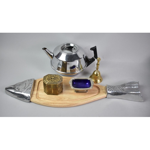 82 - A Salmon Serving Platter, Teapot, Silver Plate Salt together with Brass Bell and Box