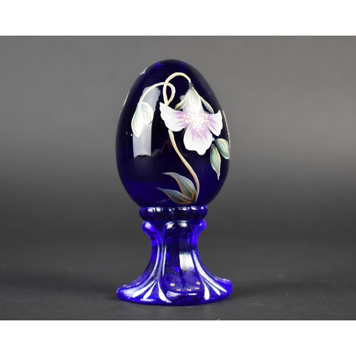 23 - A Fenton Cobalt Blue Glass Egg with Hand Painted Floral Decoration, Signed to Base, 10cms High