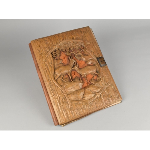 68 - An Early 20th Century Black Forest Style Carved Wooden Document Case, the Front with Stag Decoration... 