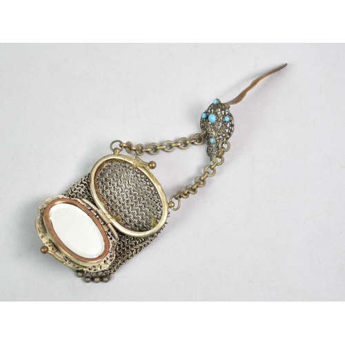 9 - A Victorian White Metal Chatelain Purse with Filigree Decoration and Turquoise Coloured Cabochons, t... 