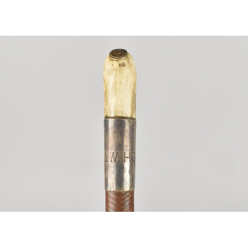 92 - A George V Swaine and Adeney Hunting Crop with Horn Handle, Silver Collar, Brown Leather Shaft and T... 