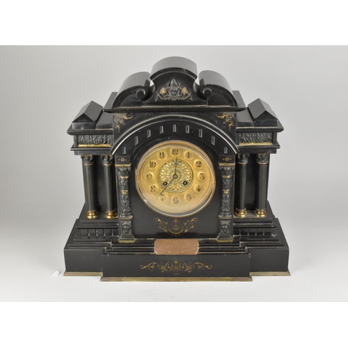 15 - A Victorian Slate Mantel Clock of Architectural Form with Brass Dial, Roman Numerals, 48x43.5cms Hig... 