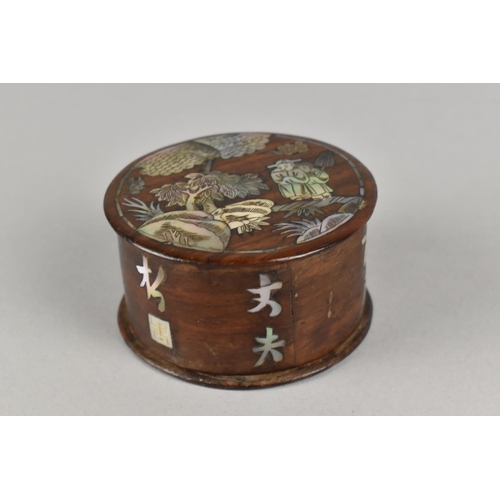 40 - A Chinese Mother of Pearl Inlaid Box of Cylindrical Form Decoration with Figures in Exterior Landsca... 