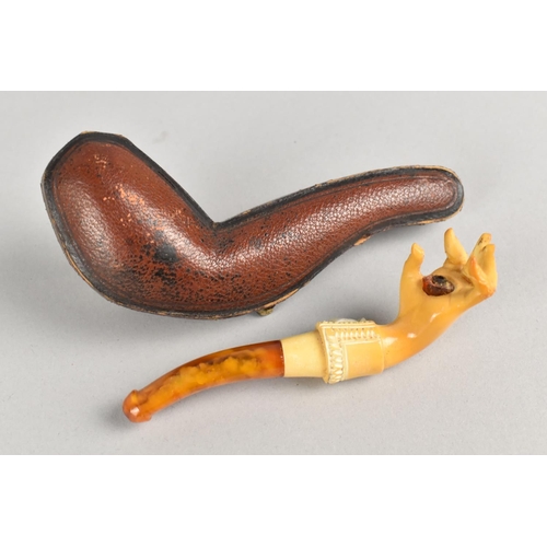 9 - A Cased Victorian Carved Meerschaum Pipe Modelled as a Hand with Amber Mouthpiece, Condition Issues