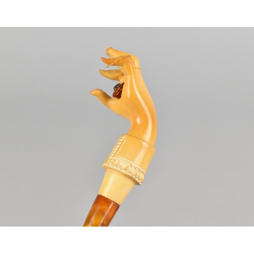 9 - A Cased Victorian Carved Meerschaum Pipe Modelled as a Hand with Amber Mouthpiece, Condition Issues