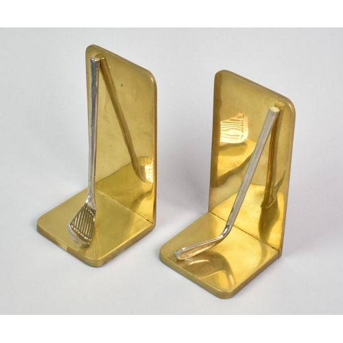 97 - A Pair of Brass Based Bookends with Silver Plated Golfing Iron Mounts, 16cms High