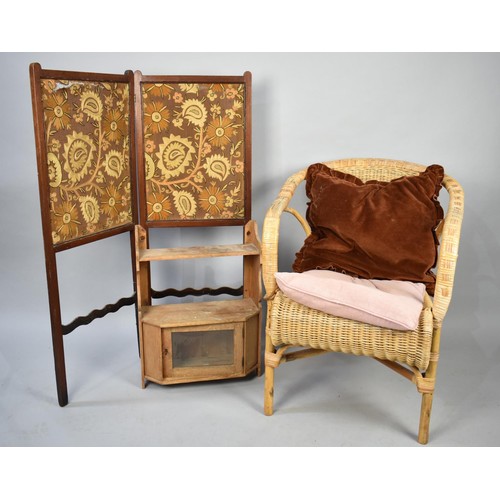 493 - A Wicker Armchair together with a Vintage Pine Shelved Wall Cabinet and a Screen