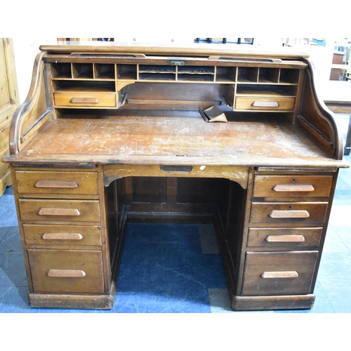 504 - An Early 20th Century American Roll Top Desk with Fitted Interior over Two Banks of Four Drawers wit... 