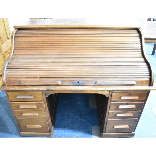 504 - An Early 20th Century American Roll Top Desk with Fitted Interior over Two Banks of Four Drawers wit... 