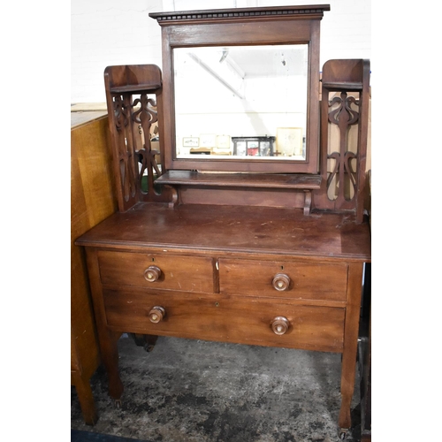 510 - An Edwardian Art Nouveau Dressing Table, Mirror Back with Tulip Stylised Supports, Two Short and One... 