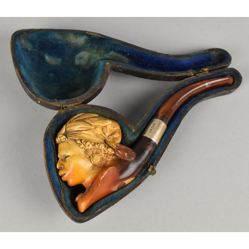 13 - An Early 20th Century Cased Meerschaum Pipe, Carved Bowl in the Form of an African Maiden, with Silv... 