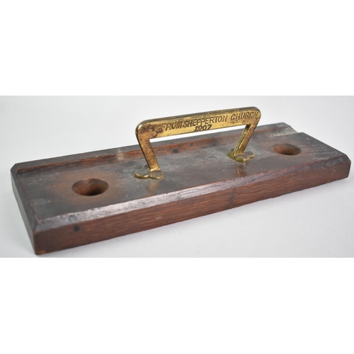 15 - A 1907 Oak Inkstand with Brass Carrying handle Inscribed 